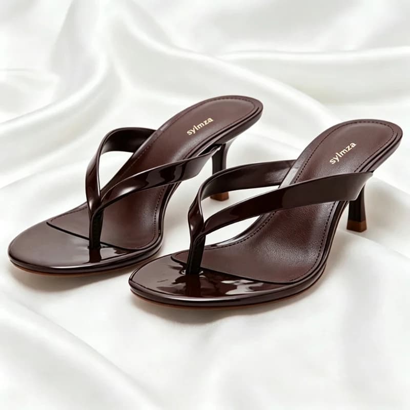 High-quality Burgundy Patent Leather Mule Sandals Women Summer Sexy Open-toe Stiletto Flip-flops Fashion Round-toe Slide Sandals