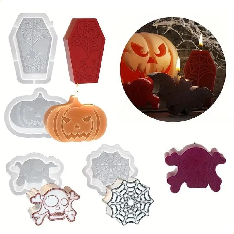 4Pcs Pumpkin Bat Coffin Skull Resin Mold DIY Epoxy Mould for Halloween Ornament Candle Home Decoration