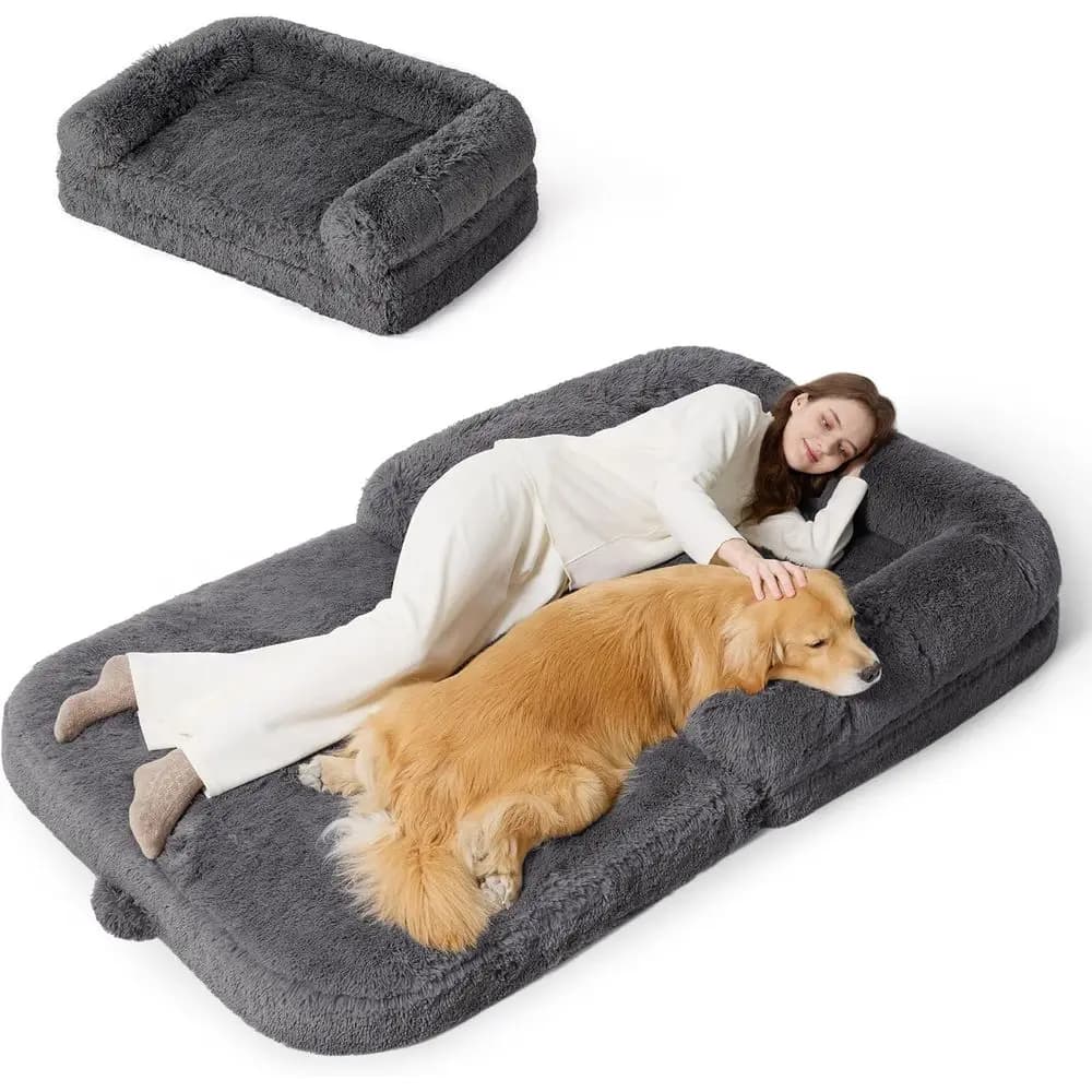 Letto Gigante 2-in-1 Regolabile per Cani e Umani con Cuscino Ortopedico, Rivestimento Impermeabile e Colore Grigio Calmante