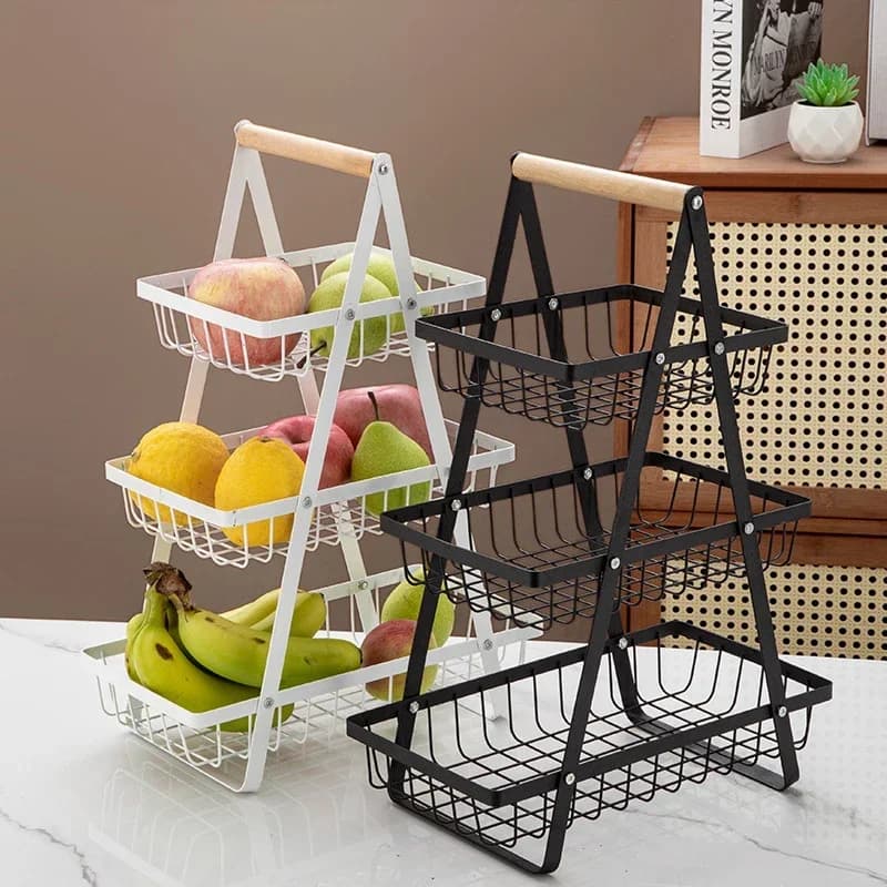 Scaffale a tre livelli creativo con griglie cave a due strati, cestini per frutta, portaoggetti rimovibile per snack e frutta secca per soggiorno domestico