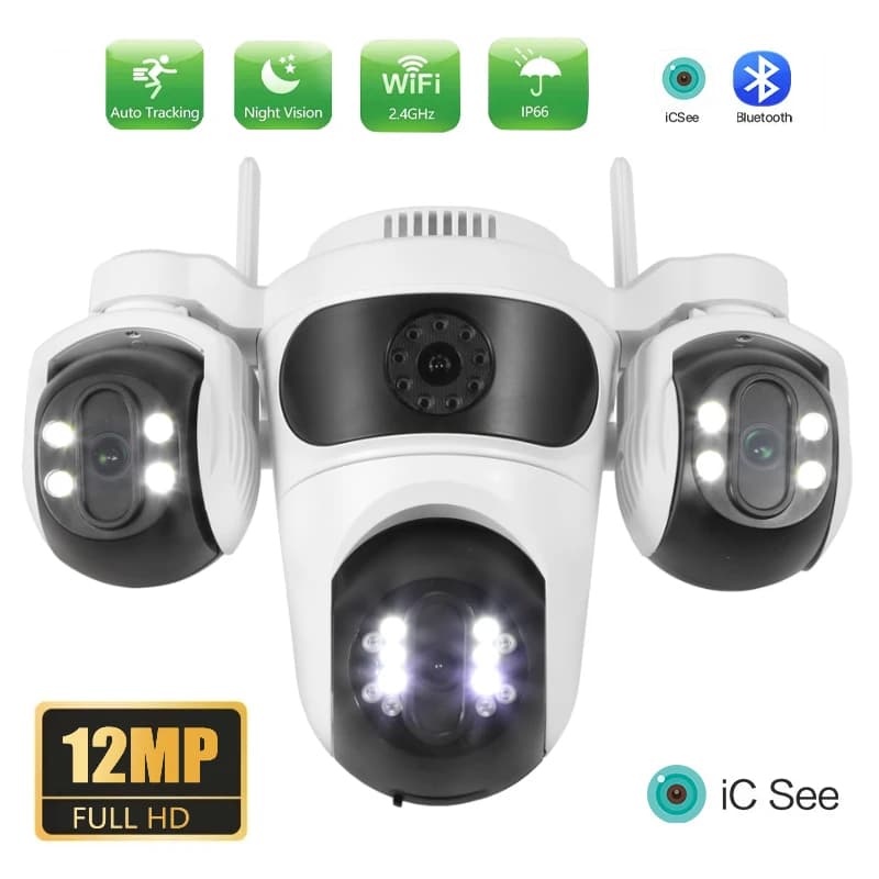 12MP WIFI IP Camera Three Screens PTZ Camera Human Detection Night Vision Security CCTV Surveillance Four Lens Camera iCsee APP