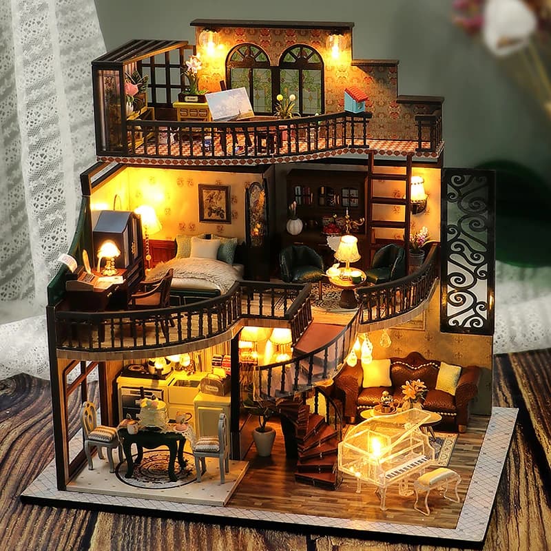 Casa delle bambole in legno Puzzle 3D Assemblaggio Modello di edificio Kit Produzione Piccola stanza Giocattoli Decorazione della camera da letto di casa con regali di mobili