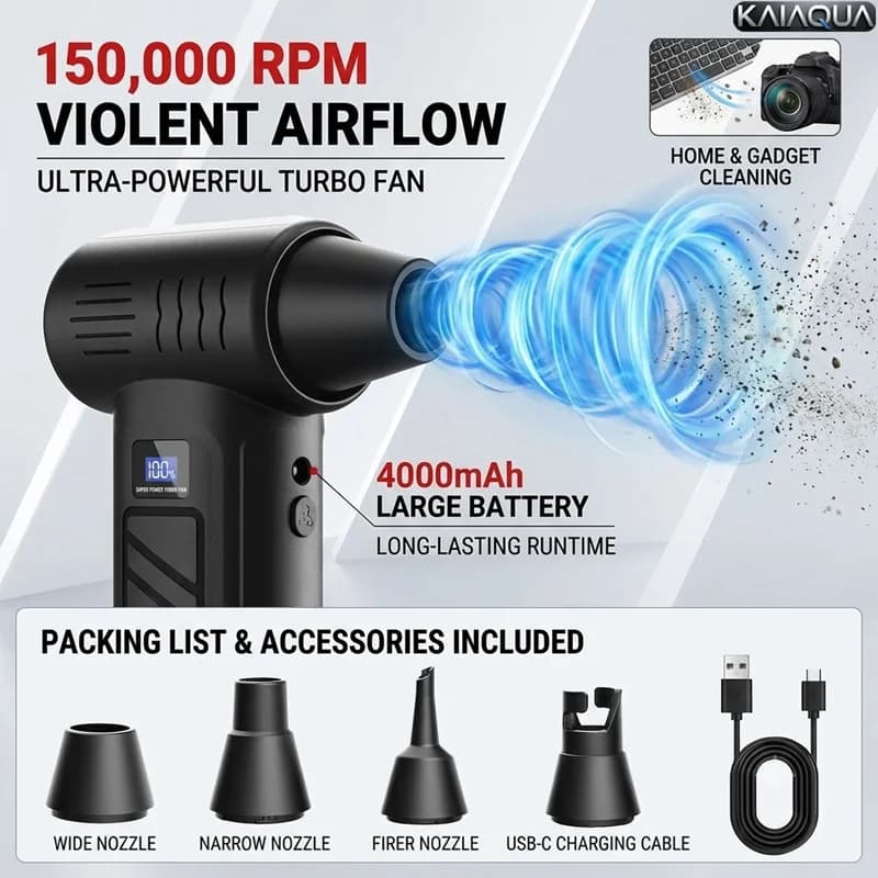 KaiAqua S12 Violent Fan 150000RPM Powerful Air Blower Vacuum Dust Cleaner Type-C Charging Strong Winds Brushless Turbo Jet Blowe