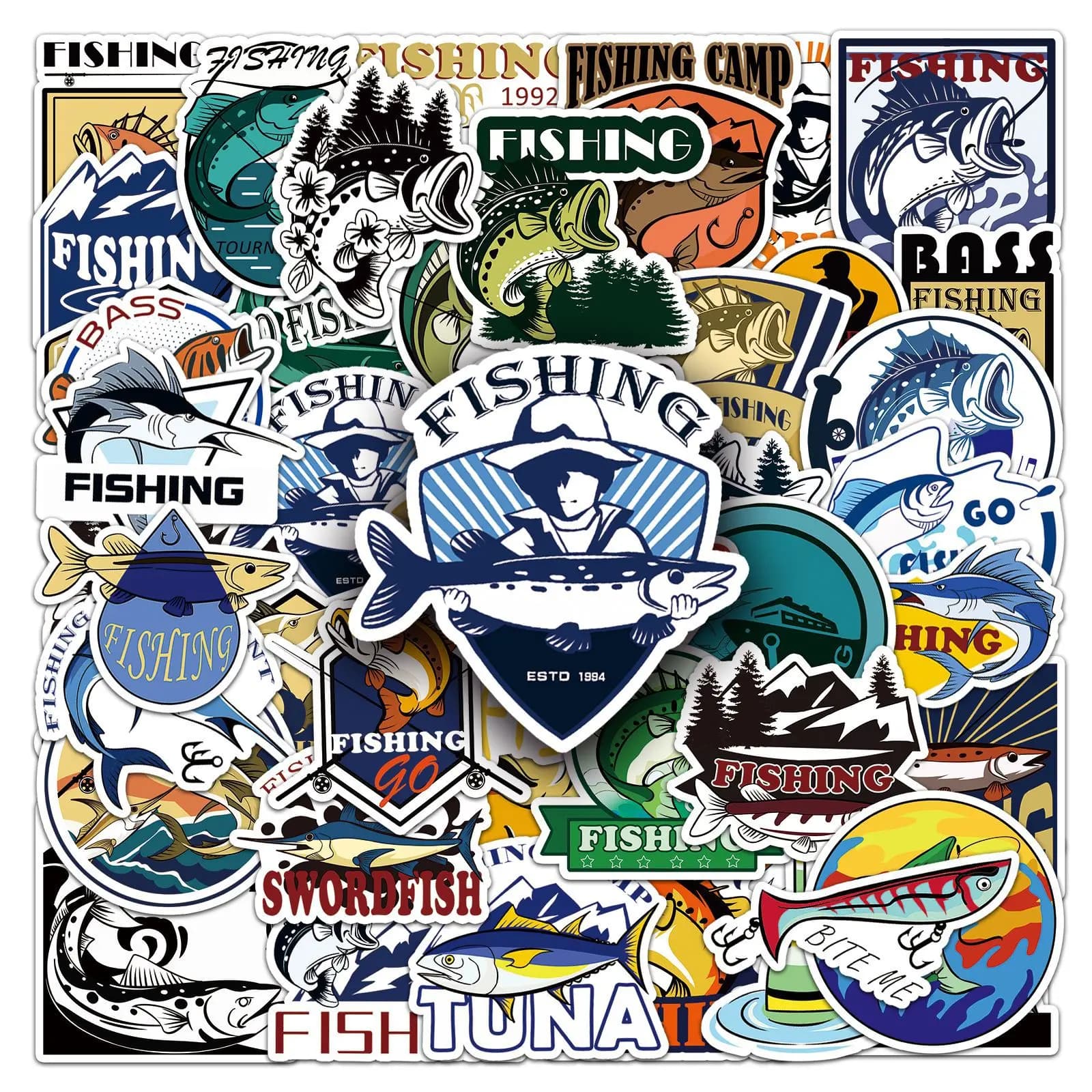 50-100 Pezzi Adesivi Graffiti Cartoon a Tema Pesca, Creativi e Impermeabili per Esterni, per Cancelleria, Borracce, Scatole da Pesca, Laptop