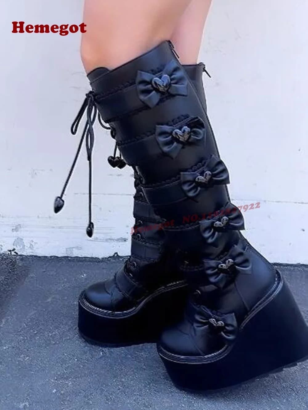 Gothic Knee High Boots Round Toe Wedges Hook and Loop Women's Long Boots Black Platform Butterfly-Knot Motorcycle Runway Shoes
