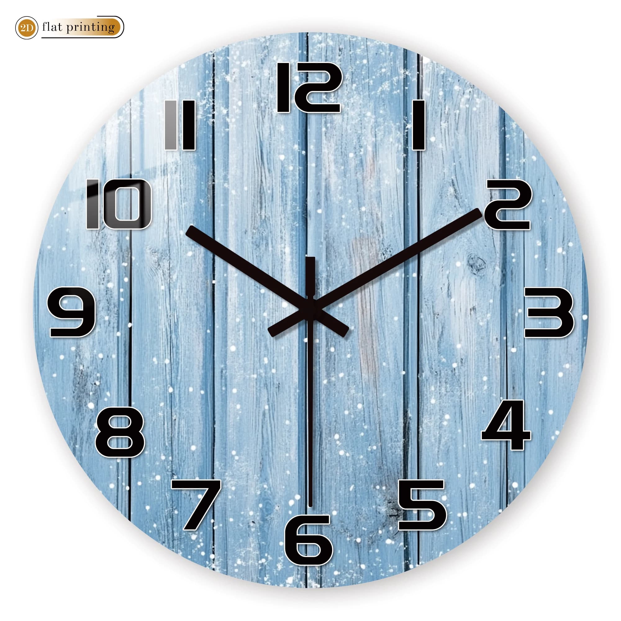 Rustic wall clock in blue wooden dashboard with snowflakes, furniture for the winter theme home office, decorative design with silent quartz movement