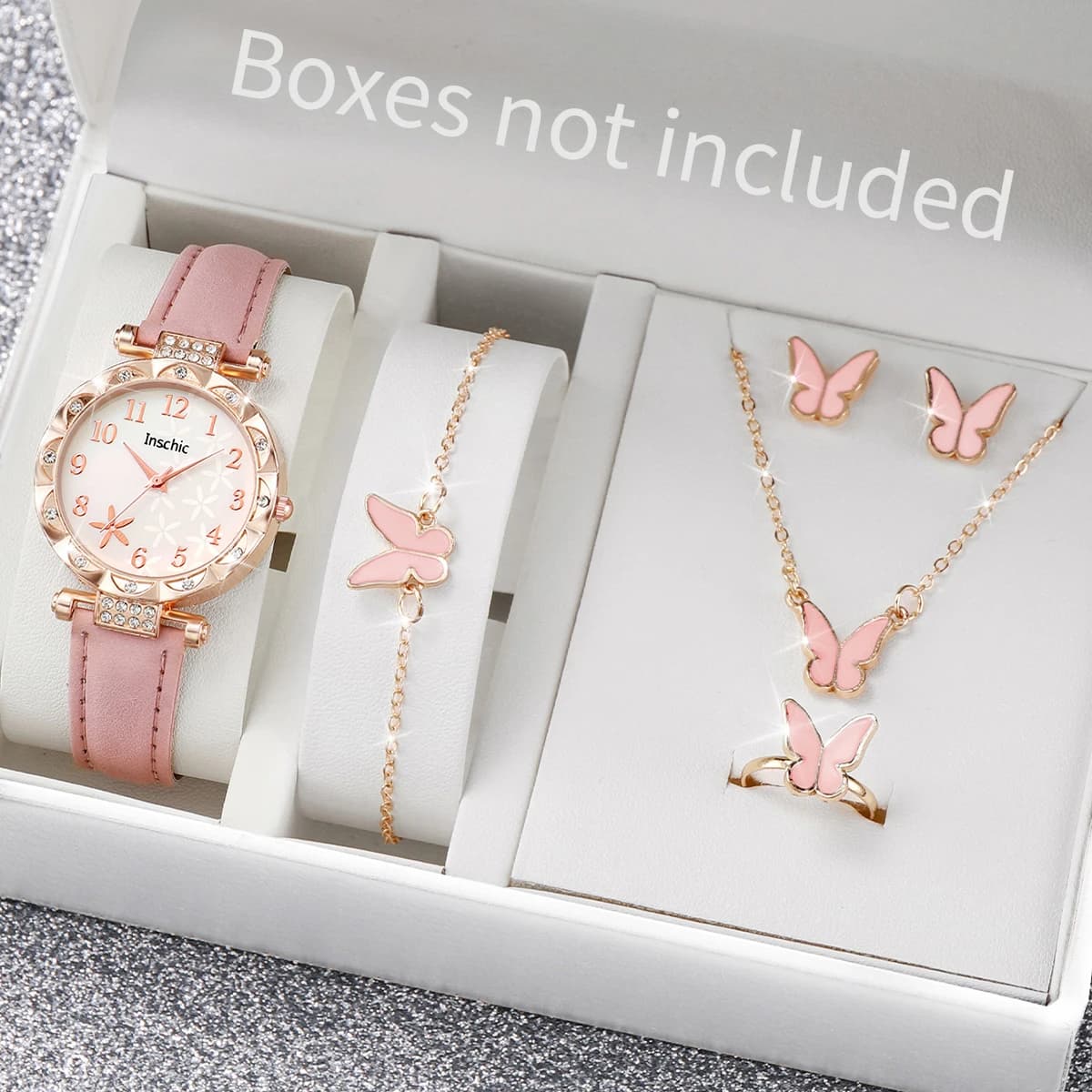 6 pcs/set women's watch fashion flowers leather strap analog quartz watches butterfly jewelry set (without box)