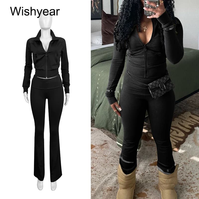 Completo Sportivo Casual da Donna in Due Pezzi: Top Corto con Zip a Maniche Lunghe e Leggings, Pantaloni da Jogging, Outfit Streetwear Femminile