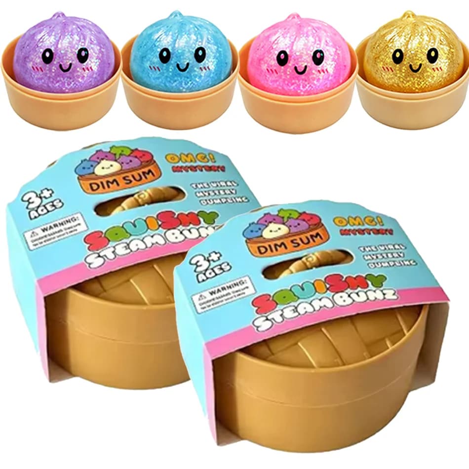Glitter Dumpling Squishy with Box Dumplings Sensory Steamer Soft TPR Dough Ball for Decompression Fidget Toy Stress Relief Gifts
