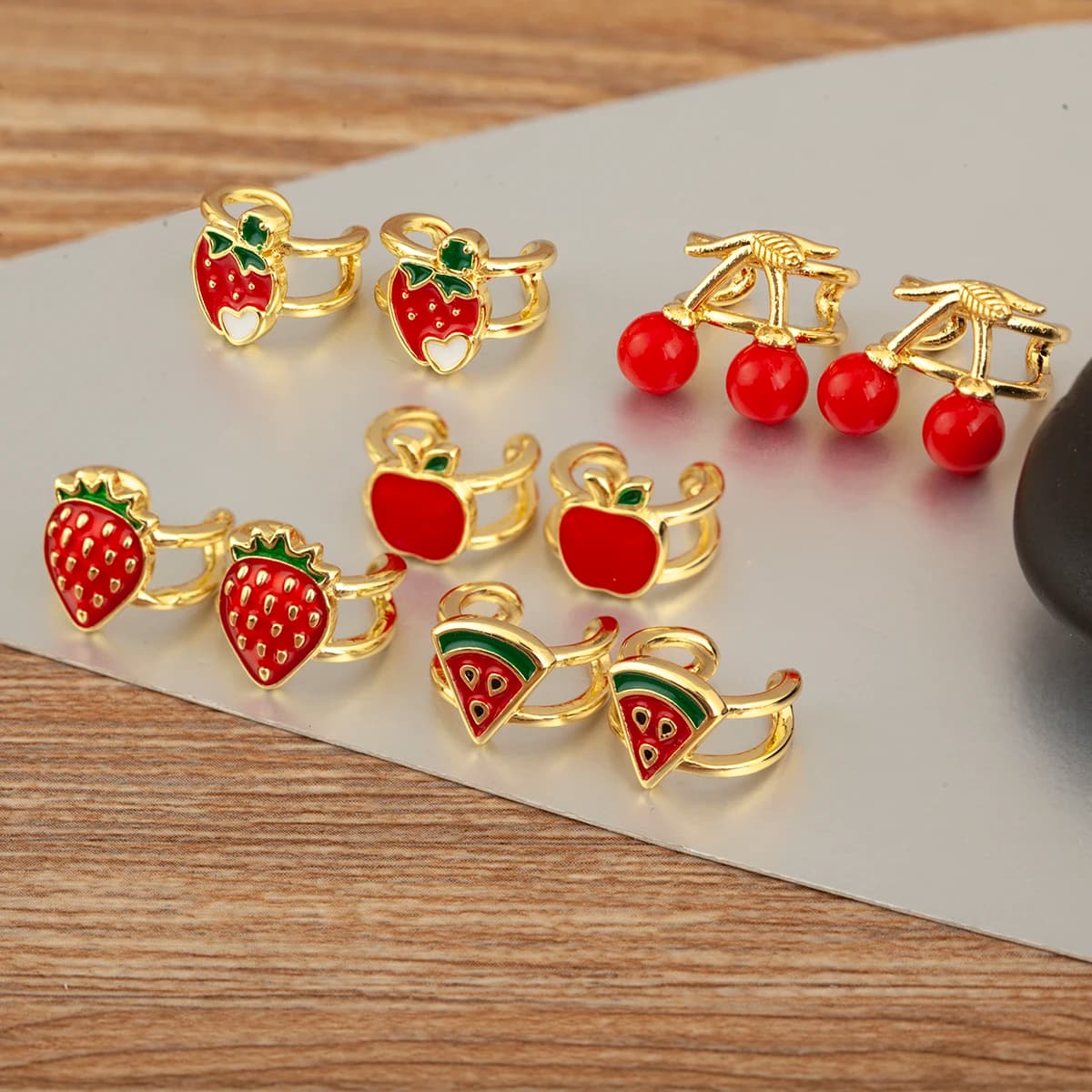 Nidin New Trendy Enamel Drip Oil Strawberry/Cherry/Watermelon/Apple Shape Ear Clip Earrings No Piercings For Women Girls Jewelry