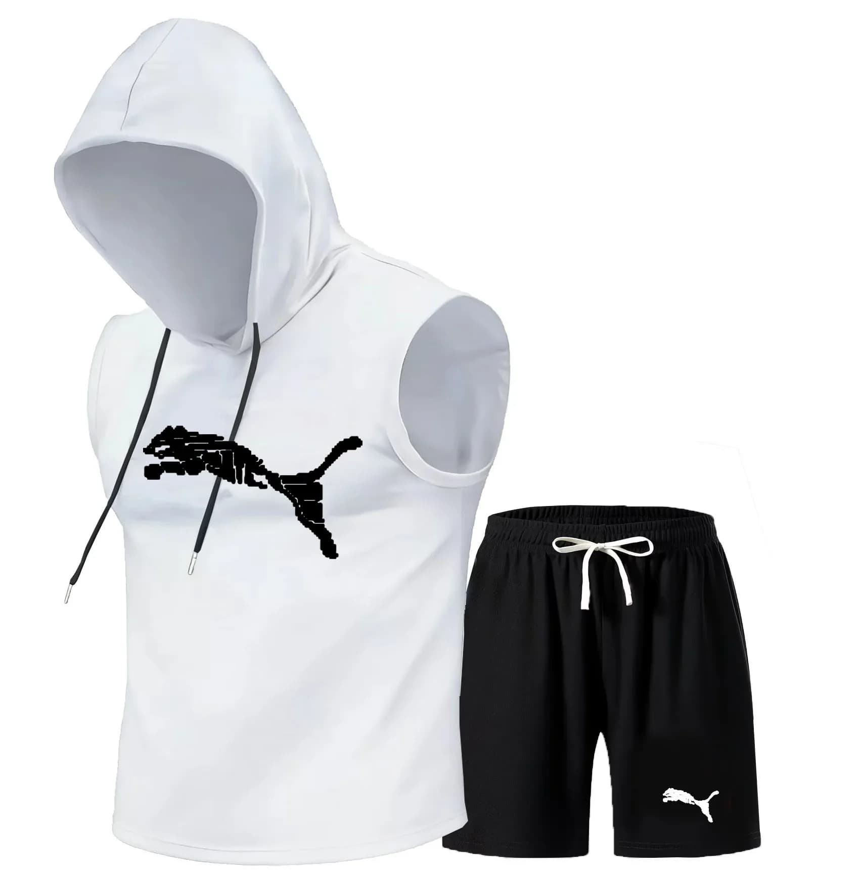 Street dark style sleeveless hooded sports suit for boys, loose quick drying vest shorts, student trendy two-piece set