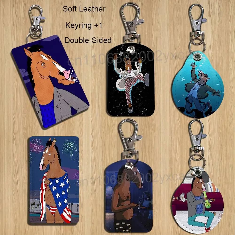 Abstract internet meme BoJack Horseman Rectangle ID Card Keychain Access Card Bag Key Tag Ring Leather Card Holder Key Ring