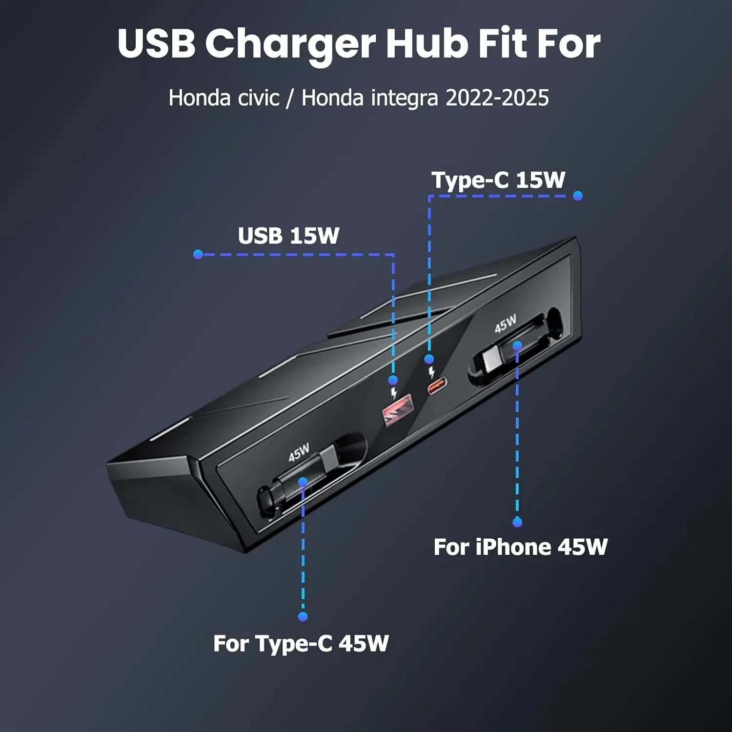 Car Charger Honda Civic 2022-2025, 4 Port USB Hub for Honda Integra, 45W Fast Charger for Central Console