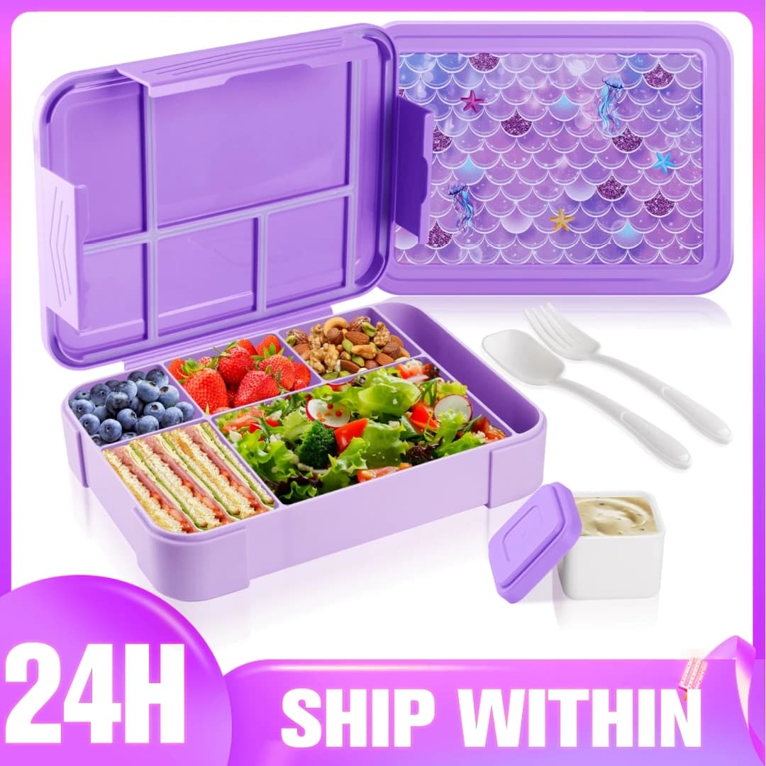 Bento Lunch Box per bambini 45oz 6 scomparti contenitore per il pranzo con contenitore per posate contenitori per il pranzo a sirena viola Bento Box