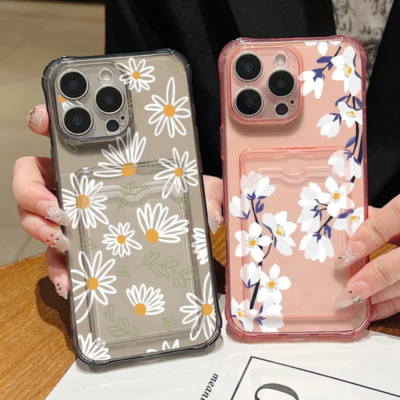Pocket case with slot for cards with white flowers for iPhone 16 Pro 16e 15 14 13 Pro Max 11 12 Silicone phone cover TPU transparent shockproof