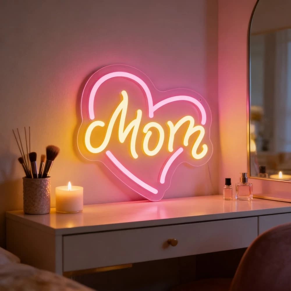 Insegna al Neon 'Mom' in Forma di Cuore, Decorazione da Parete LED per Camera da Letto, Regalo per la Festa della Mamma, Illuminazione Romantica per Casa