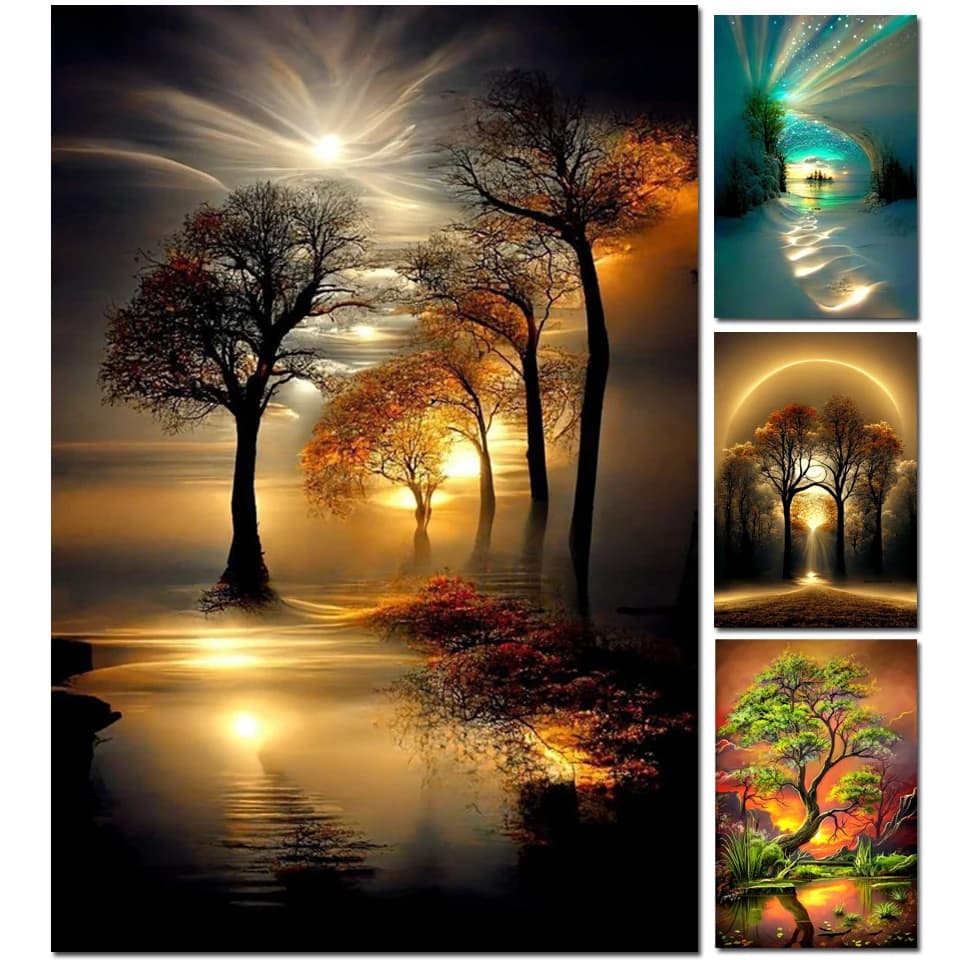 Kit per Diamond Painting Paesaggio Dorato al Tramonto, Mosaico Completo Quadrato e Rotondo, Ricamo Fai da Te Fiume e Albero, Regalo Fatto a Mano, Kit Punto Croce