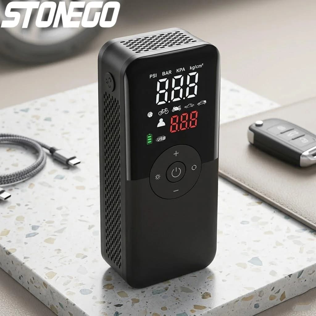 Compressore d'Aria Portatile Senza Fili Ricaricabile, Gonfiatore Digitale per Pneumatici Auto, Moto, Biciclette, Palloni e Attrezzature Sportive