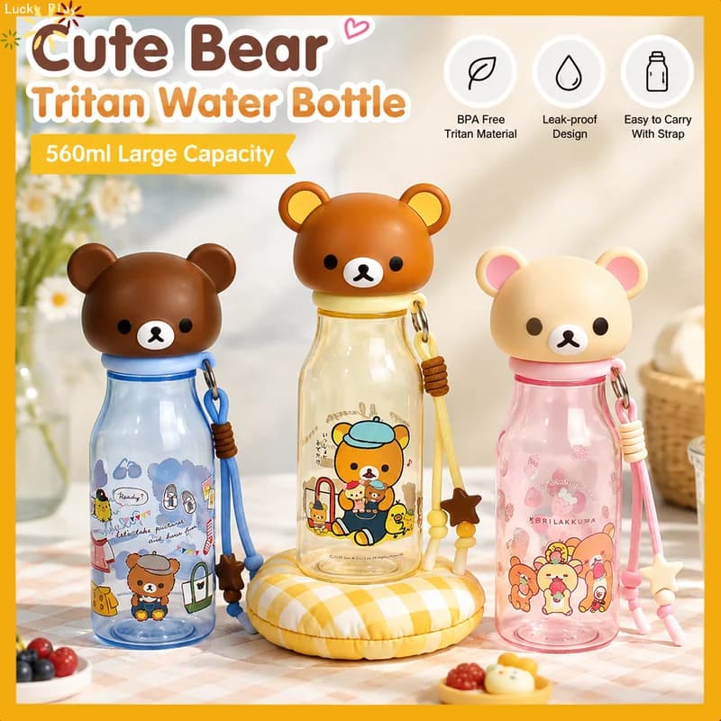 2026 New Rilakkuma Plastic Water Bottle 560ml Anime Cartoon Bear Tritan Material Water Cup Portable Milk Cup Birthday Gift