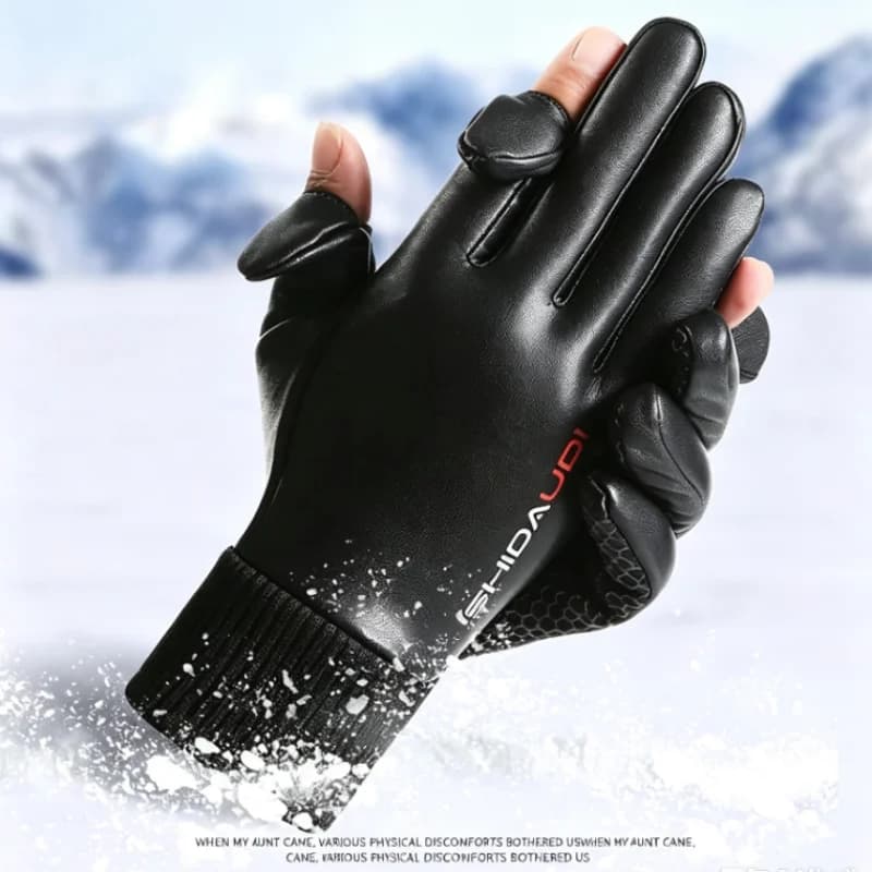 Winter Warm Fleece Waterproof Pu Leather Gloves Motor Cycling Thermal Gloves Two Finger Flip Anti-slip Sports Snow Sking Mittens