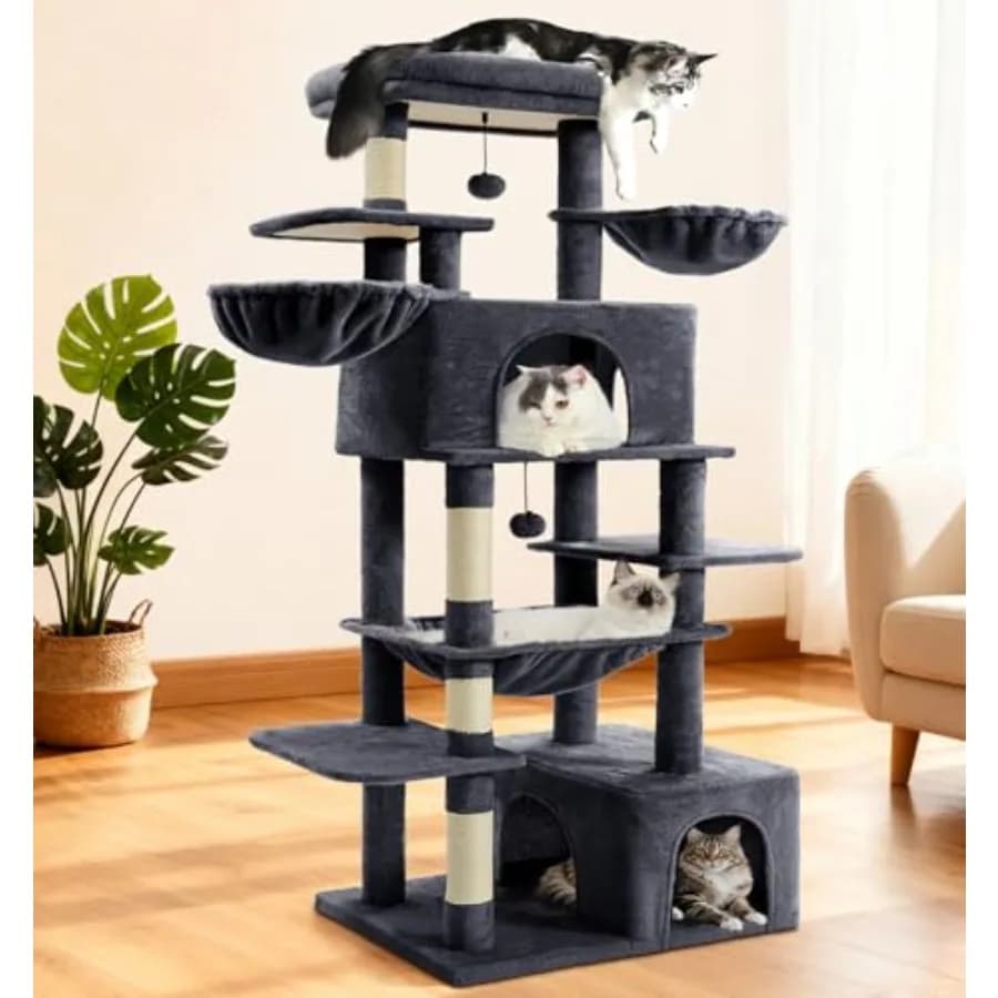 Grande Albero per Gatti a 68 Livelli per Gatti da Interno con Tiragraffi in Sisal, Amaca Quadrata Allargata e 2 Cucce Allargate
