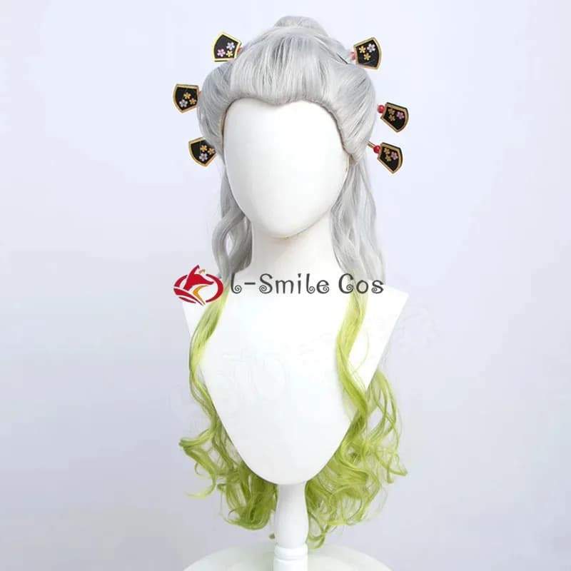 Anime Women Cosplay Silver Gradient Green Cruly Ponytail Daki Heat Resistant Synthetic Hair Party Wigs + Wig Cap