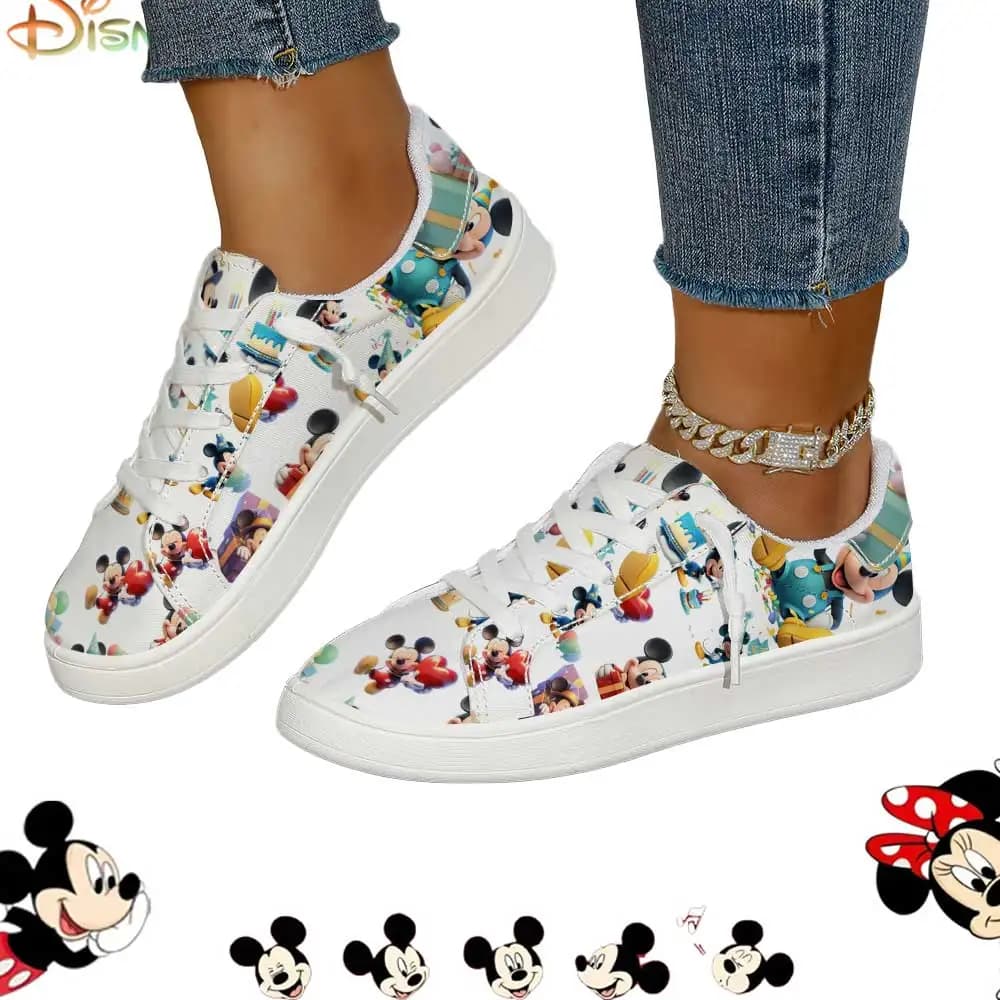 Scarpe da ginnastica in tela bianca con stampa integrale Disney Mickey Mouse per feste di compleanno, scarpe casual da donna
