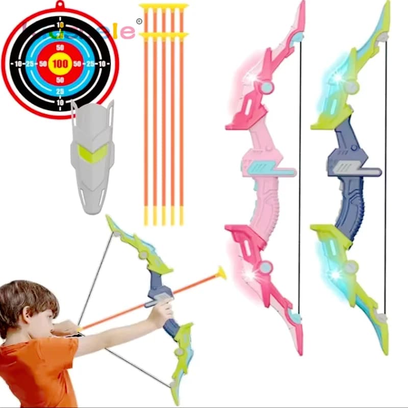 Set di tiro con l'arco per bambini con arco e freccia illuminati a LED, bersaglio e scudo da caccia, giocattolo da tiro per ragazzi e ragazze, gioco estivo per sport all'aria aperta 6+