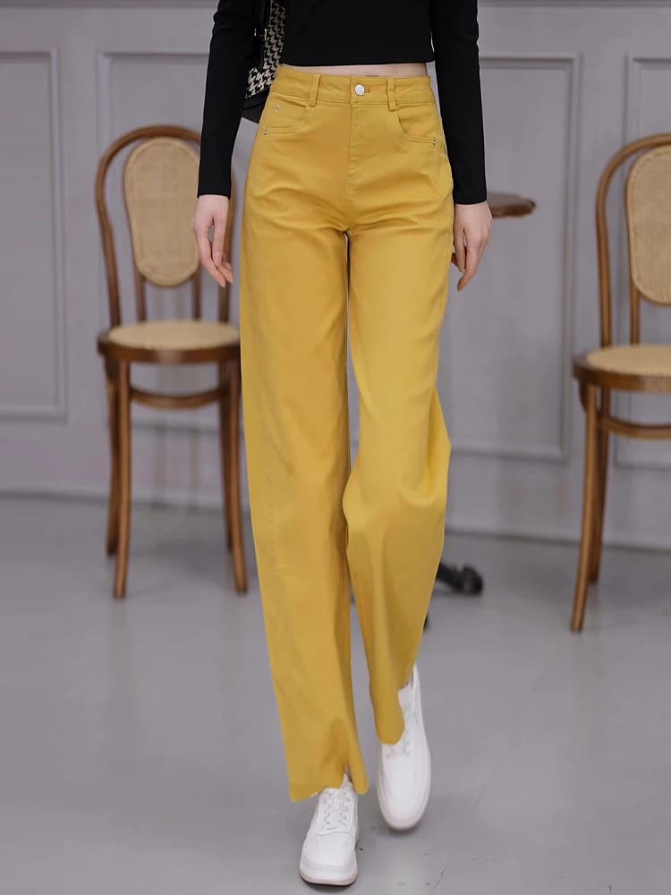 Jeans Gialli a Vita Alta e Gamba Larga da Donna, Nuovo Stile Primavera Autunno, Taglio Dritto Morbido, Pantaloni in Denim Affusolati Effetto Snellente, Stile Casual
