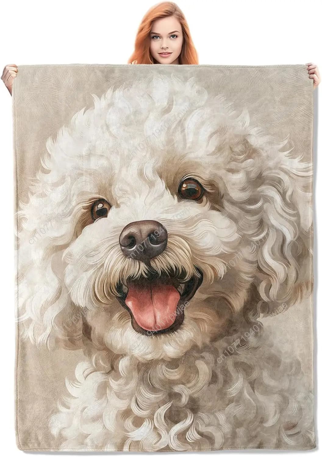 Coperta con ritratto di barboncino gioioso, design realistico per cani, morbida coperta in pile per gli amanti dei cani, toni neutri, coperte personalizzate