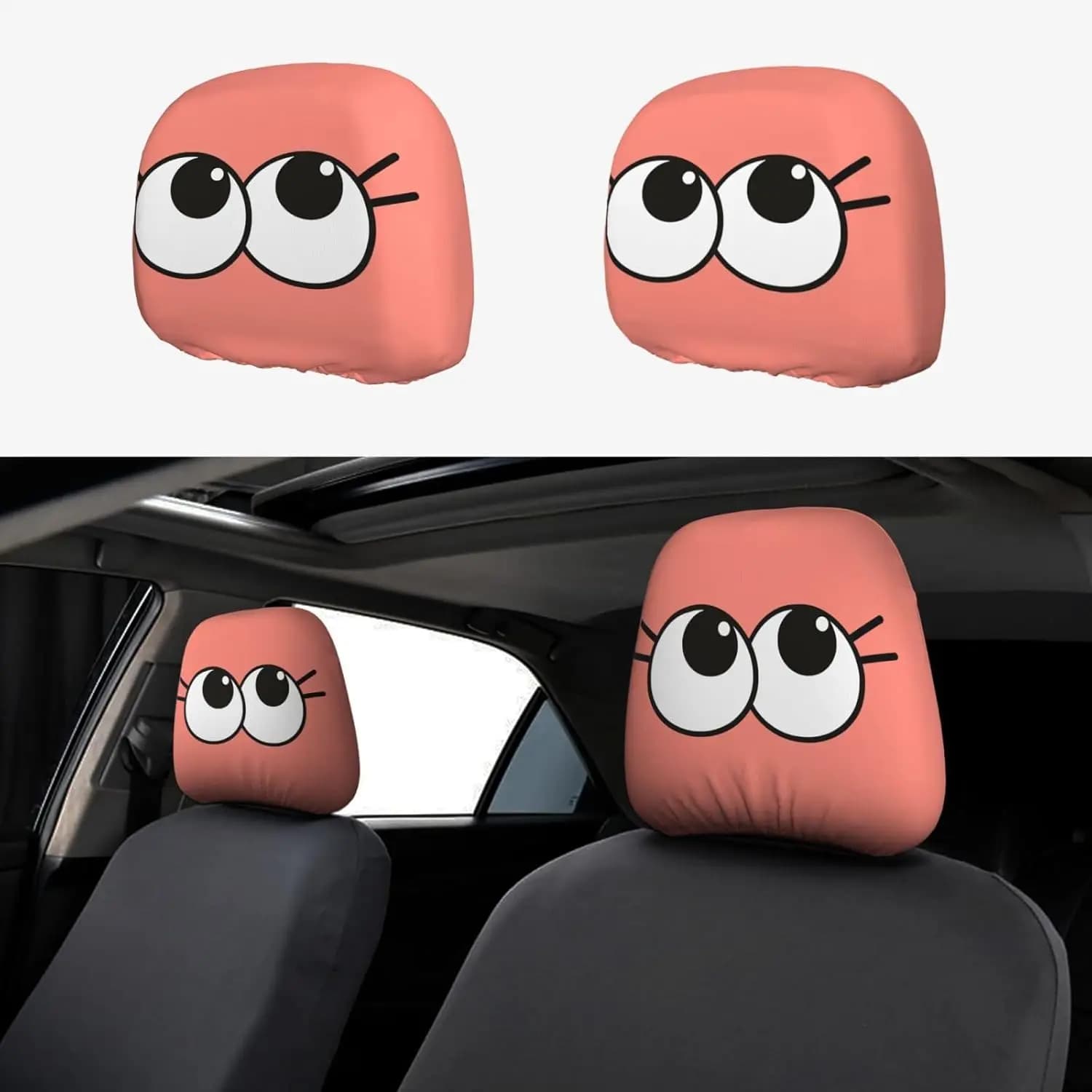 Car Headrest Covers with Fun Cartoon Eyes, Decorative Accessories for Interior Car, 2 Pieces