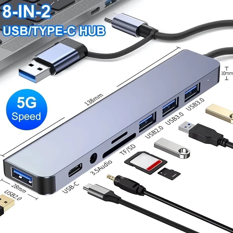 Hub USB 8 in-2 con jack audio, splitter USB, accessori per computer Adattatore USB Extender USB Hub USB per tablet portatile