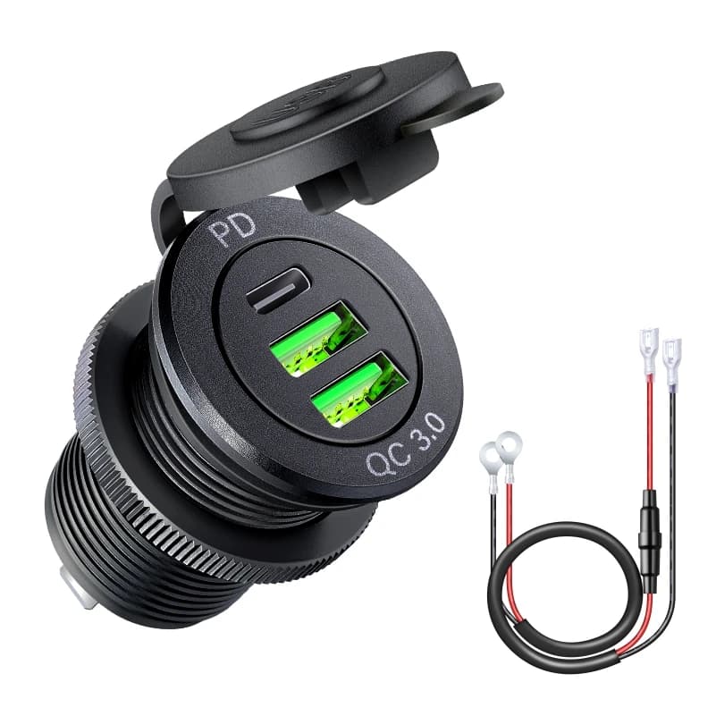 Aluminum Quick Charge 3.0 and PD Dual USB Car Charger Socket 12V/24V 54W Dual USB Motorcycle Socket Power Outlet Charge Adapter