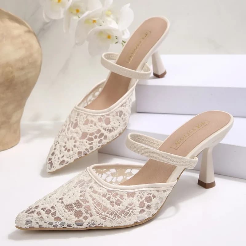 2026 New Ladies' Wedding High-heeled Slippers Fashion Mesh Embroidered Design Sexy High Heels Summer Women's Shoes