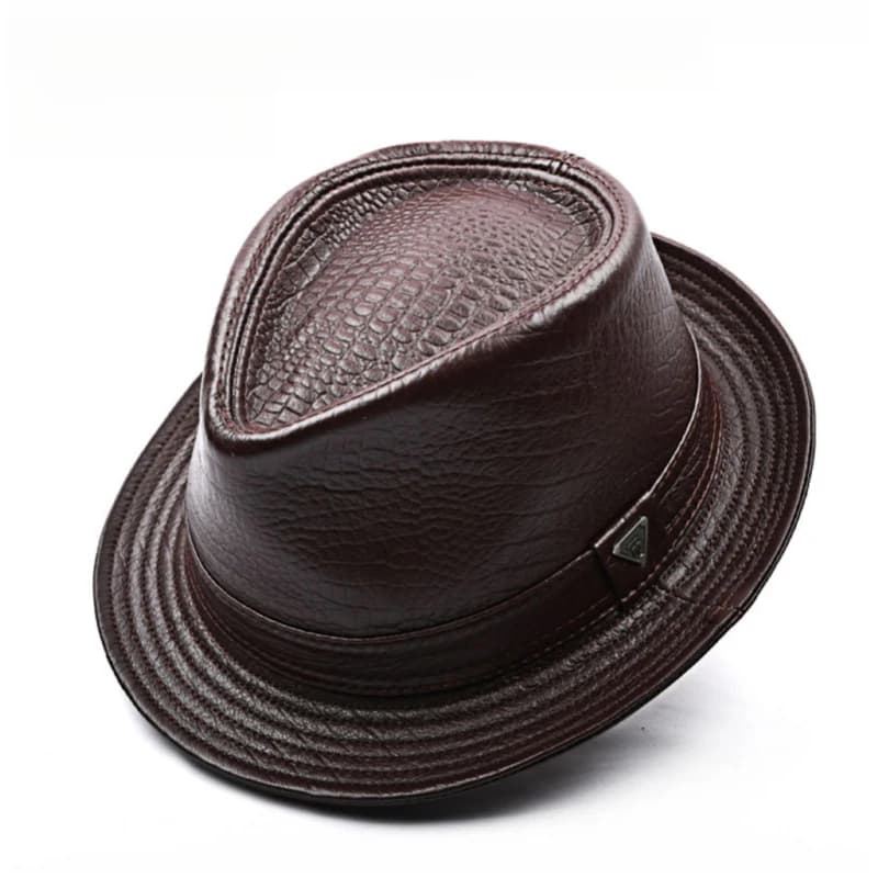 Men's Cowhide Leather Fedora Hat - Versatile Curved Brim Embossed Pattern Daily Wear Autumn/Winter Cap Size 55-61cm