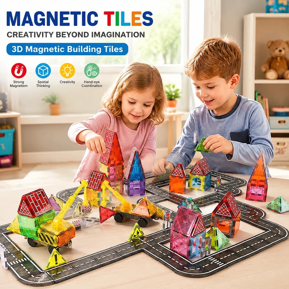 Magnetic Tiles City Road Car Boys Toys Kids Building Tile Sensory Games Preschool Construction Learning Activities STEM Playset