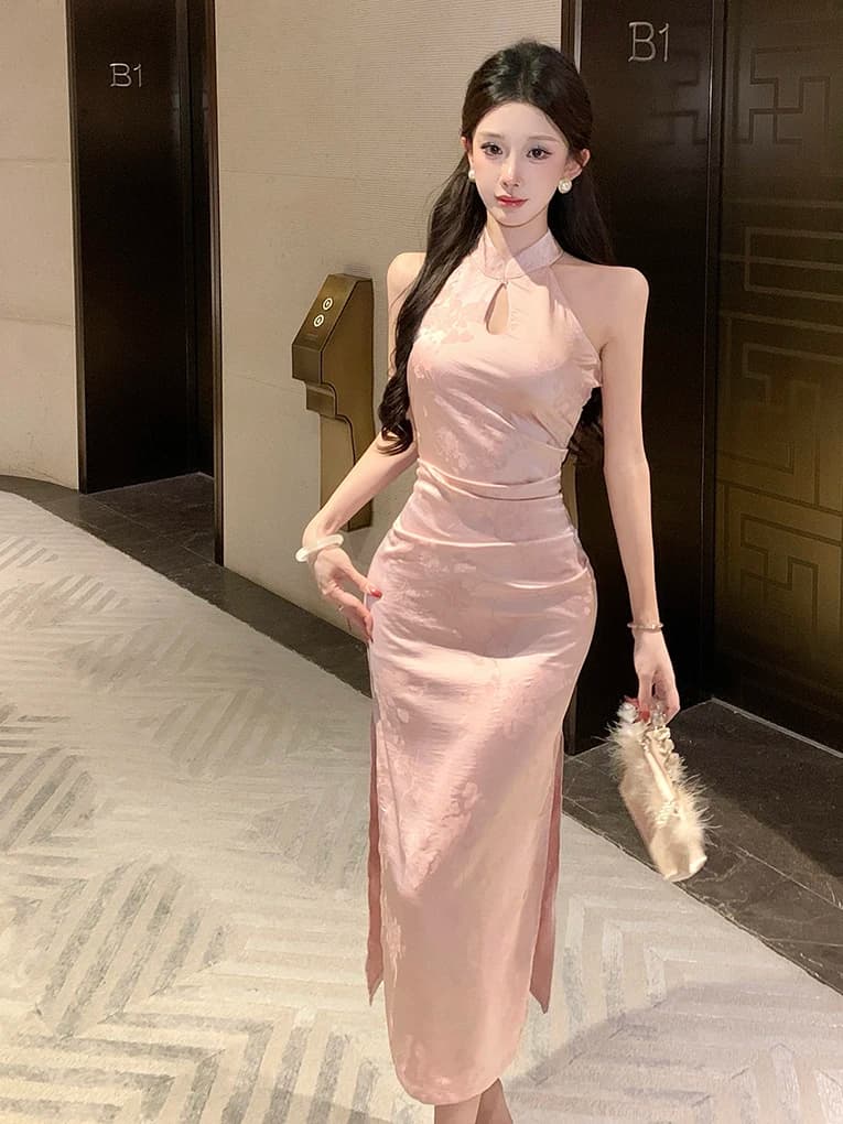 Elegant New Chinese Style Retro Qipao Sexy Soft Work Skirt Slimming Long High Waist Dress Polyester Fiber Spring Season Women