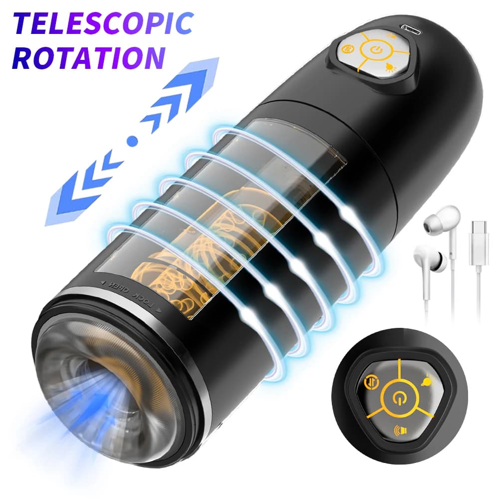 Masturbatore maschile rotante con spinta automatica Luci colorate telescopiche Massaggio del pene Esercizio ritardato Giocattoli adulti del sesso per gli uomini