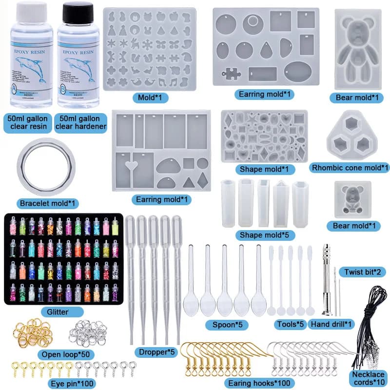 Kit iniziale per stampi in silicone in resina epossidica, tutto in uno, per ufficio, decorazioni per la casa, arte trasparente, kit per creazione di gioielli artigianali per collana portachiavi fai da te