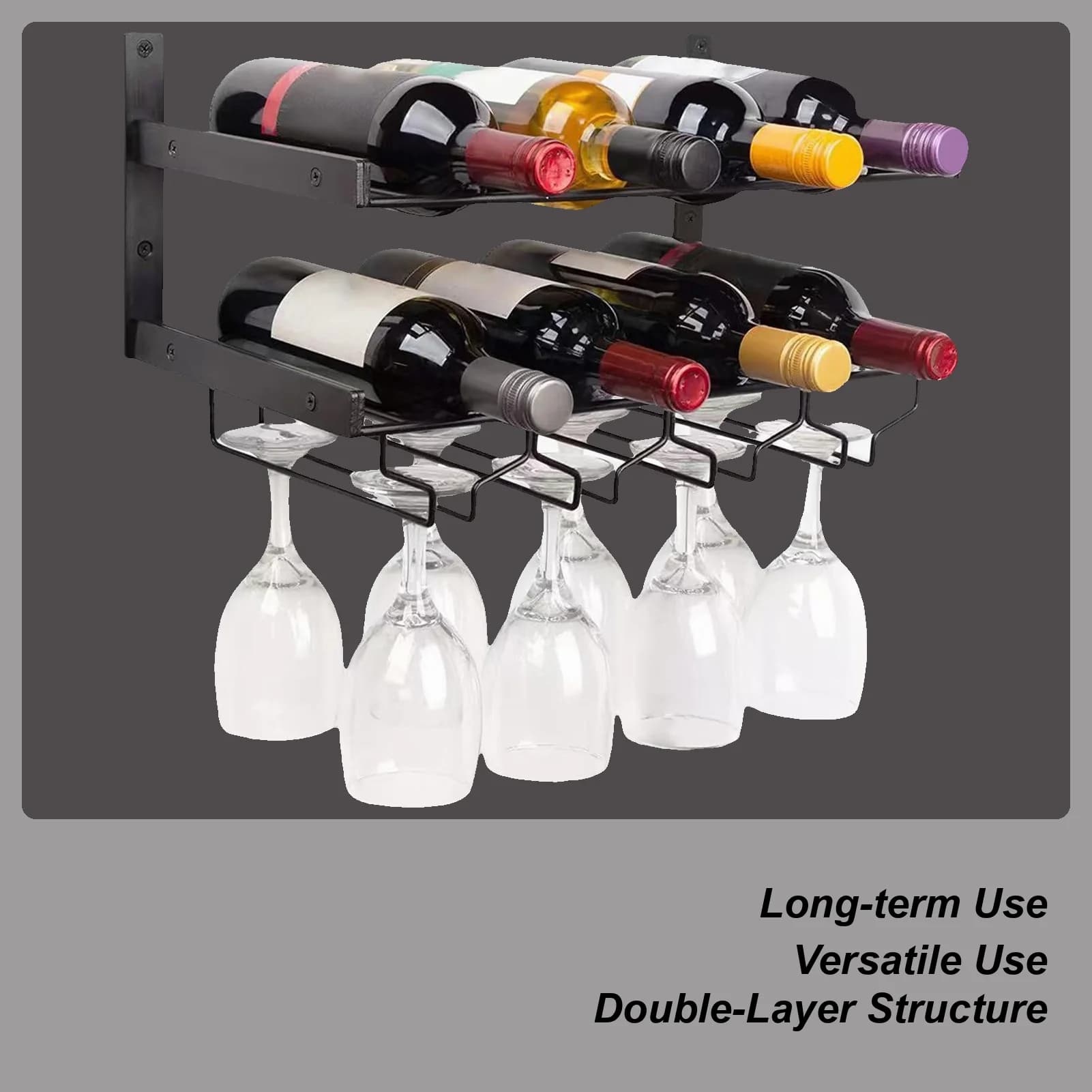 Iron double layer wall bottle holder, bottle display, shelf for living rooms, dining rooms, bar, cellars.