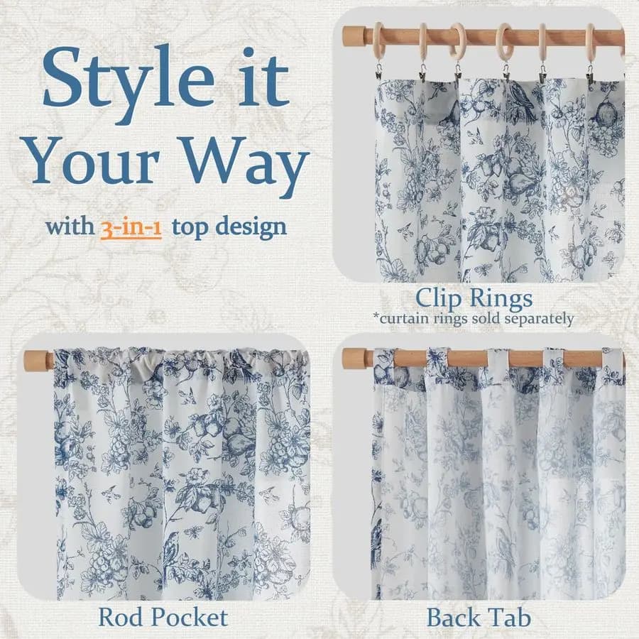 Tende in Lino Floreali per Soggiorno, Lunghezza 84 Pollici, Drappeggi Blu e Bianchi Stile Country Francese, con Linguette Posteriori, Filtranti la Luce, Stampate