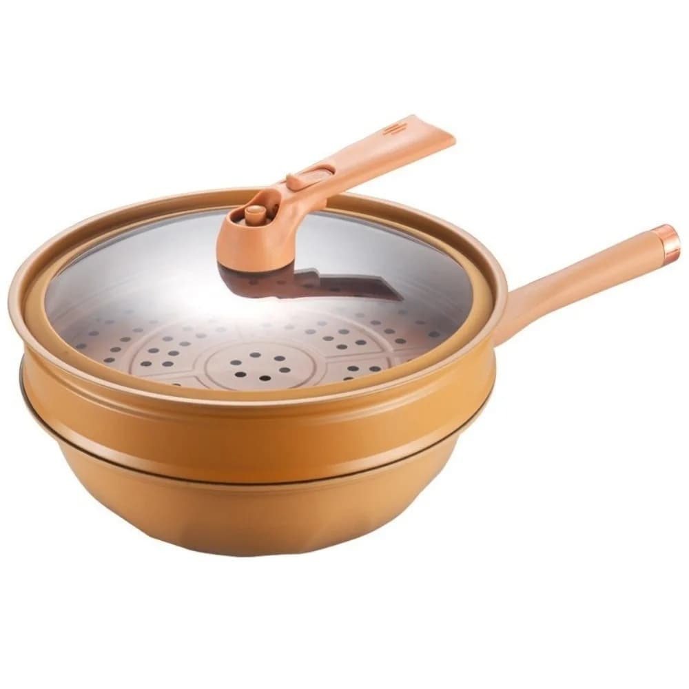 Durable 32cm Micro Pressure Steamer Wok Non Stick Multipurpose Steaming Frying Pan Soup Pot with Lid Gas Stove Pot Kitchen