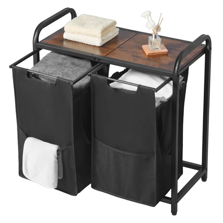 2-Section Laundry Organizer with Metal Frame and Wooden Top Spacious Hamper with Removable 600D Oxford Cloth Bags for Sorting C