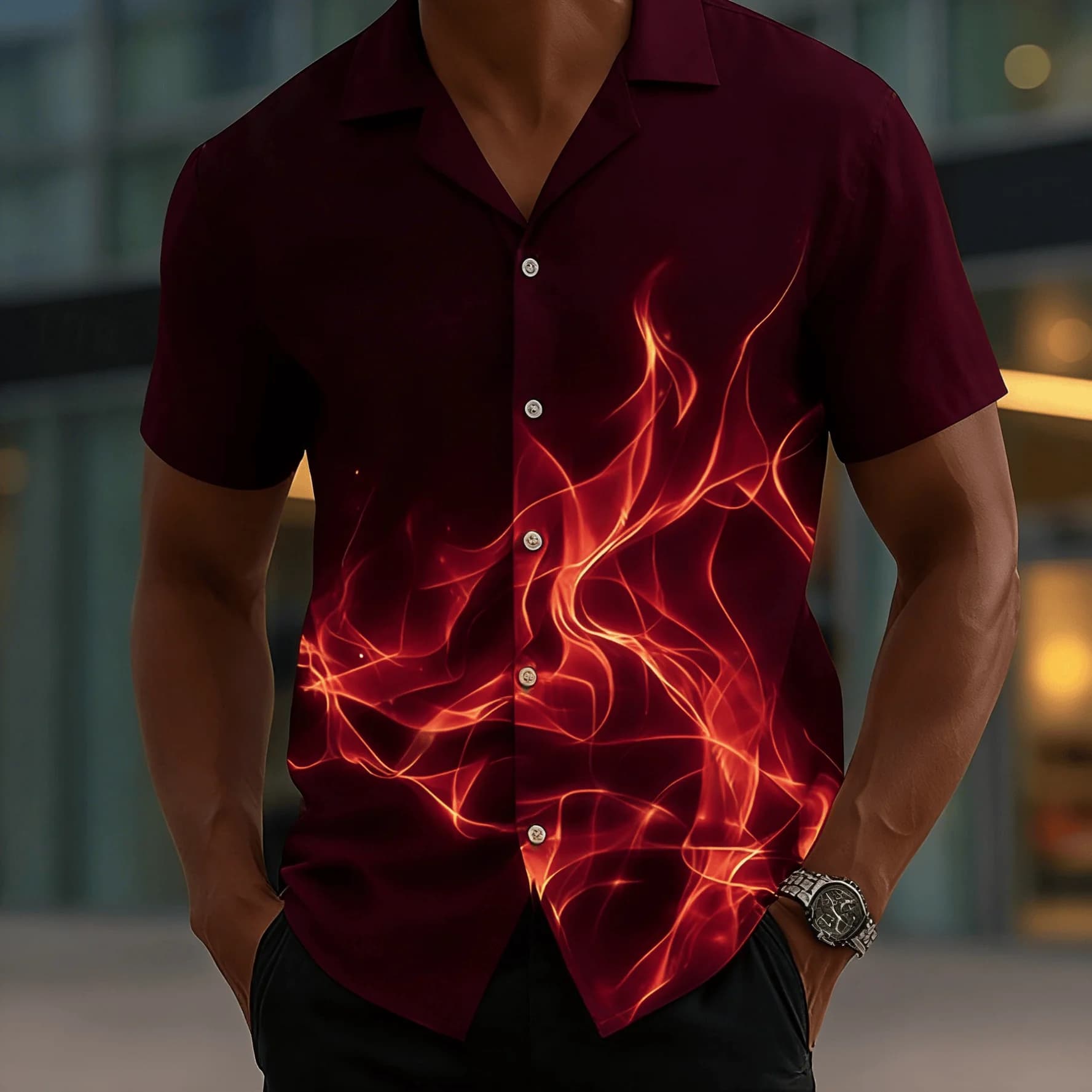 Personalized Colorful Flowing Flame Printed Short Sleeved Shirt for Men's Parties, Trendy Loose and Slimming Top