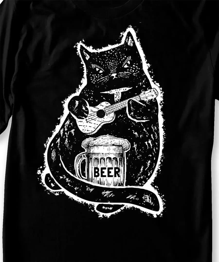 Maglietta per gatti Birra Ukulele Chitarra Bere Regalo da uomo Taglie serigrafate a mano