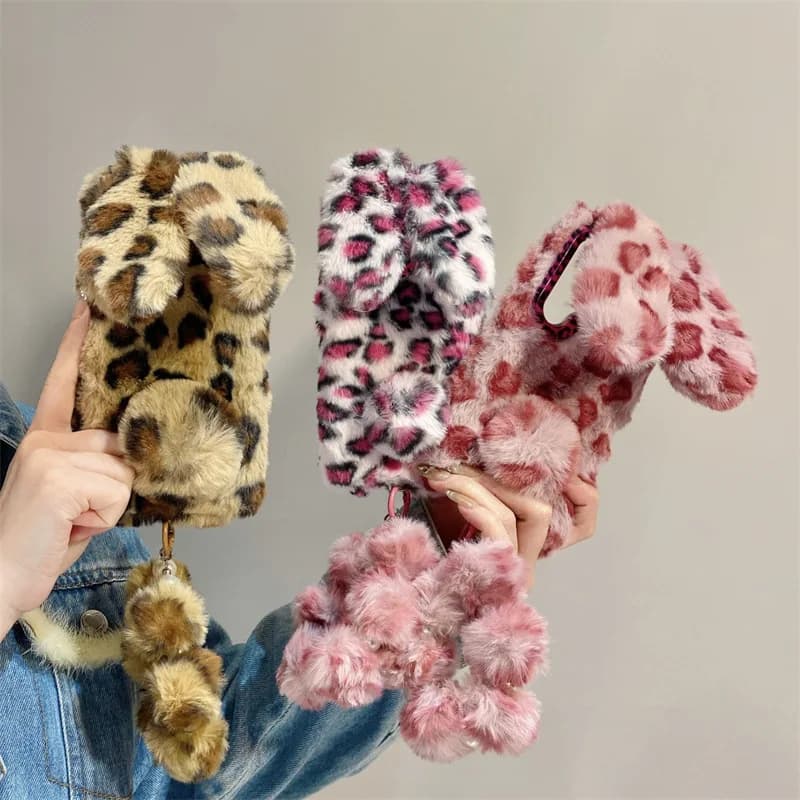 Luxury 3D Leopard Print Rabbit Plush Phone Case For Samsung Galaxy S26 S25 24 23 Ultra Plus A57 With Lanyard Shockproof Cover