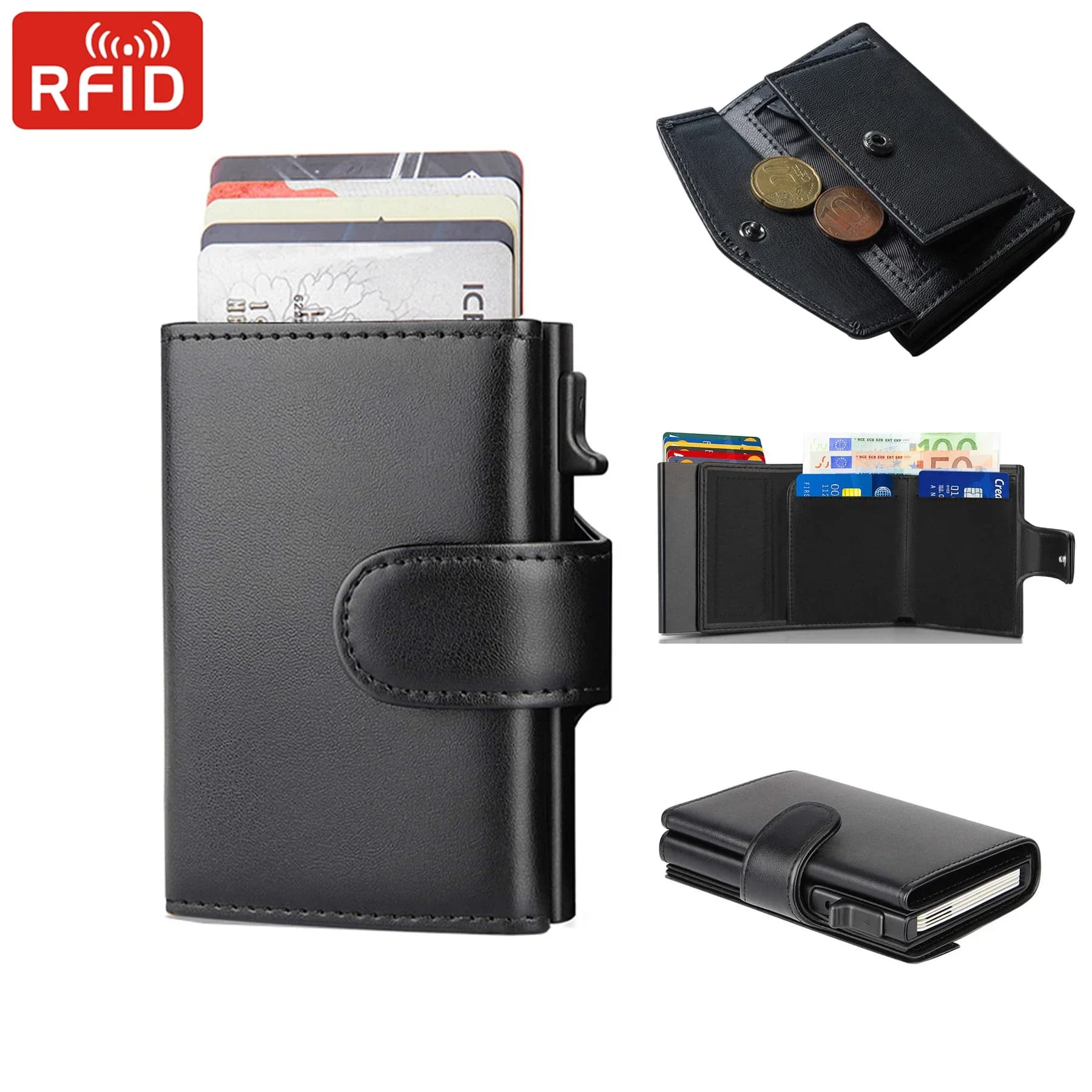 Portafoglio da Uomo con Blocco RFID - Porta Carte Trifold in Vera Pelle Microfibra, Elegante e Sottile Portamonete per Affari con Tasca per Monete