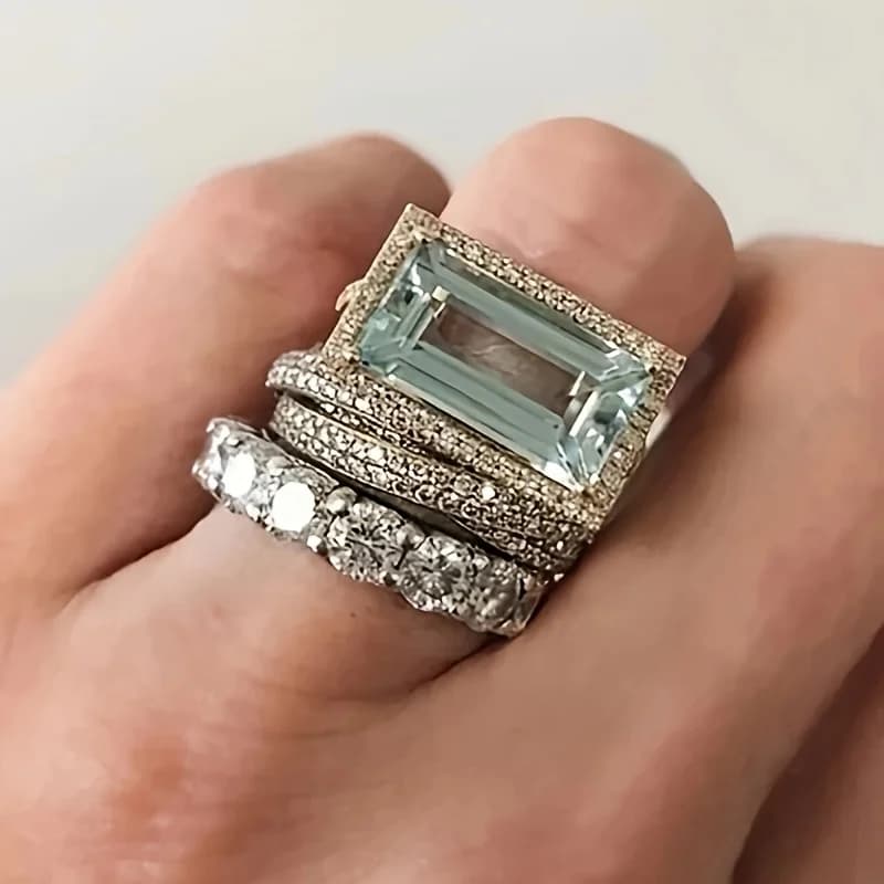 3-Piece Light Blue Cubic Zirconia Ring Set Halo Stackable Wedding Ring Retro Ring Women's Engagement Jewelry Accessories Gifts