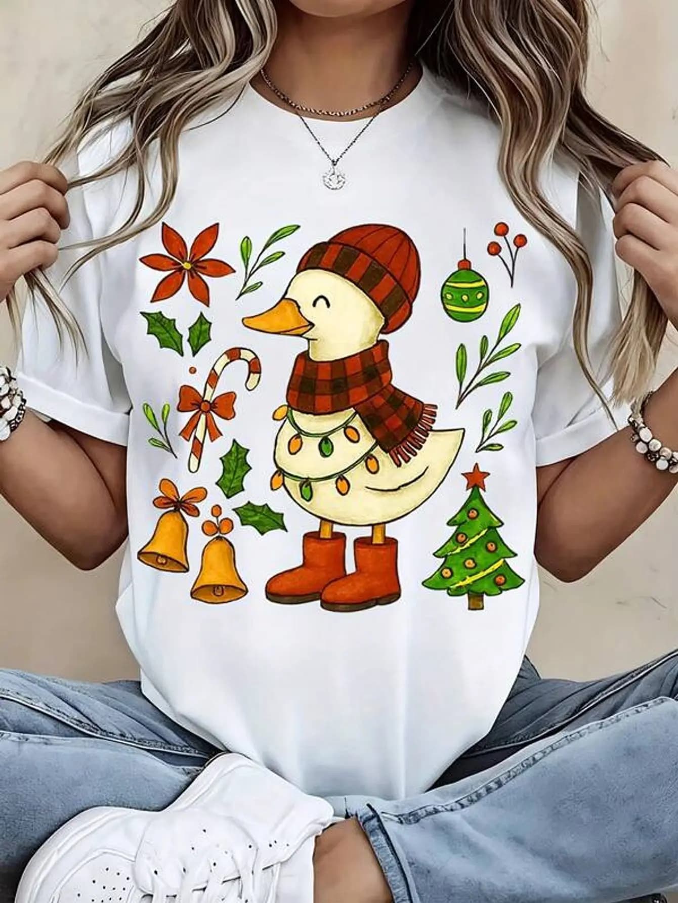 Christmas Duck T-Shirt White Duck Wearing Hat Scarf And Boots With Christmas Tree Candy Cane Bells And Ornaments Print Casual Holiday Wear For Women