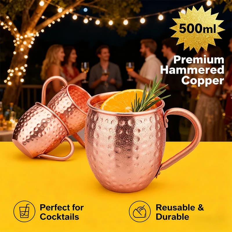 Tazze in Rame Puro al 100% da 500ml, Tazze Moscow Mule in Rame Solido, Bicchieri da Cocktail a Forma di Tazza da 18oz, Tazze per Birra e Latte, Articoli per Bevande